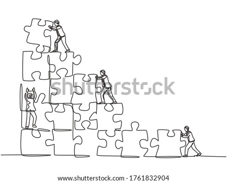 One single line drawing of two young businessman push and arrange puzzle pieces to build a strong building. Trendy business teamwork concept continuous line draw design graphic vector illustration