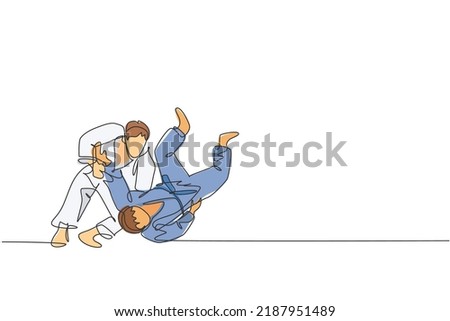 One single line drawing of two young energetic judokas fighter men battle fighting at gym center graphic vector illustration. Martial art sport competition concept. Modern continuous line draw design