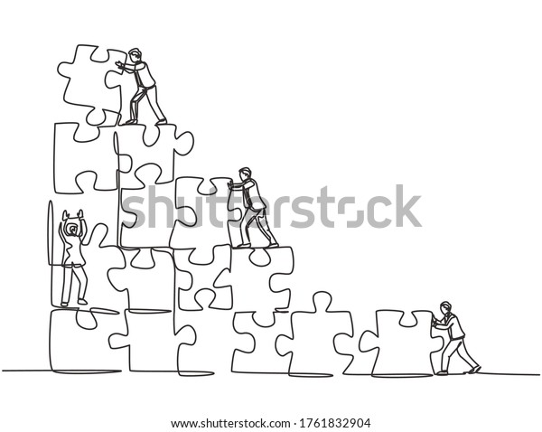 One single line drawing of two young\
businessman push and arrange puzzle pieces to build a strong\
building. Trendy business teamwork concept continuous line draw\
design graphic vector\
illustration