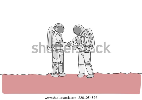 One single line drawing of two young happy\
astronauts giving handshake to deal project in moon surface vector\
graphic illustration. Cosmonaut outer space concept. Modern\
continuous line draw\
design