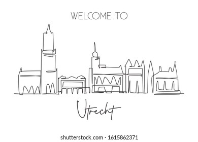 One single line drawing of Utrecht city skyline,Netherlands. Historical landscape in world postcard. Best holiday destination wall decor poster. Trendy continuous line draw design vector illustration