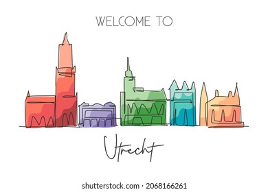 One single line drawing of Utrecht city skyline,Netherlands. Historical landscape in world postcard. Best holiday destination wall decor poster. Trendy continuous line draw design vector illustration