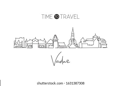 One single line drawing of Vaduz city skyline, Liechtenstein. World town landscape postcard. Best place holiday destination. Editable stroke trendy continuous line draw design vector art illustration