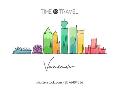 Un solo plano de la ciudad de Vancouver, Canadá. Afiche con decoración de casa del paisaje de la ciudad histórica del mundo. El mejor lugar para vacaciones. Ilustración del vector de diseño de líneas continuas de moda