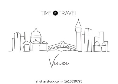 One single line drawing of Venice city skyline, Italy. Historical skyscraper landscape in world postcard. Holiday destination wall decor poster print. Continuous line draw design vector illustration