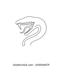 One single line drawing of venomous snake for medicine concoction logo. Deadly cobra mascot concept for dangerous lethal potion icon. Trendy continuous line draw design vector graphic illustration