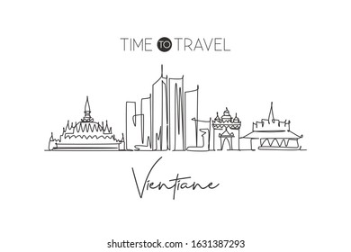 One single line drawing Vientiane city skyline, Laos. World historical town landscape postcard. Best place holiday destination. Editable stroke trendy continuous line draw design vector illustration