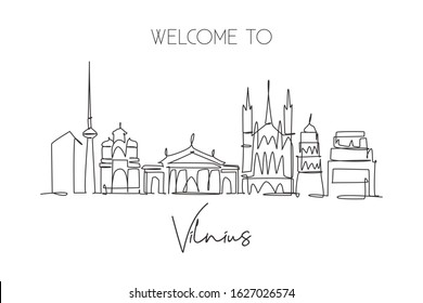 One single line drawing of Vilnius city skyline, Lithuania. Historical town landscape in world. Best holiday destination poster. Editable stroke trendy continuous line draw design vector illustration