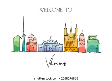 One single line drawing of Vilnius city skyline, Lithuania. Historical town landscape in world. Best holiday destination poster. Editable stroke trendy continuous line draw design vector illustration