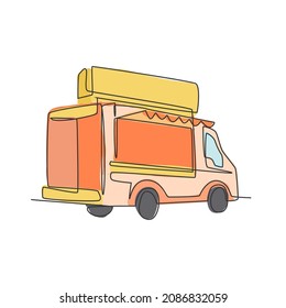 One single line drawing of vintage food truck for festival logo vector illustration. Mobile fast food cafe menu and restaurant badge concept. Modern continuous line draw design street food logotype