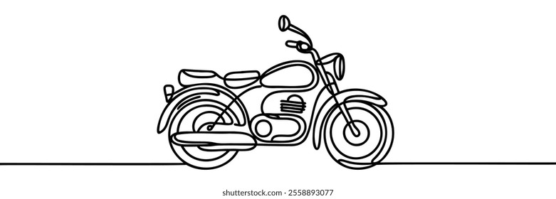 One single line drawing of vintage motorbike logo. Classic rural motorcycle concept. Continuous line draw design vector illustration