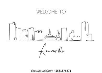 One single line drawing visit Amarillo city skyline, Texas. World beauty town landscape art. Best holiday destination postcard. Editable stroke trendy continuous line draw design vector illustration