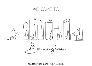 One single line drawing visit Birmingham city skyline, Alabama. World beauty town landscape. Best holiday destination postcard. Editable stroke trendy continuous line draw design vector illustration