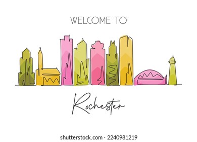 One single line drawing visit Rochester city skyline, New York State. World beauty town landscape art. Best holiday destination. Editable stroke trendy continuous line draw design vector illustration