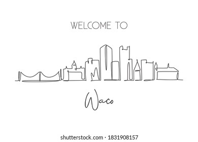 One single line drawing Waco city skyline, Texas. World historical town landscape. Best holiday destination postcard. Editable stroke trendy continuous line draw design graphic vector illustration