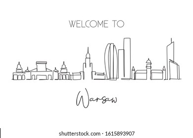 One single line drawing of Warsaw city skyline, Poland. Historical skyscraper landscape in world. Best holiday destination wall decor poster art. Trendy continuous line draw design vector illustration