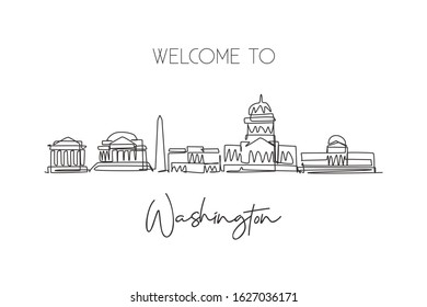 One single line drawing of Washington city skyline, United States of America. Historic landscape in the world. Best holiday destination. Editable stroke continuous line draw design vector illustration