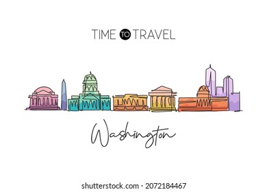 One single line drawing of Washington city skyline, United States of America. Historic landscape in the world. Best holiday destination. Editable stroke continuous line draw design vector illustration