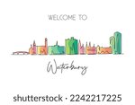 One single line drawing Waterbury city skyline, Connecticut. World historical town landscape. Best holiday destination postcard. Editable stroke trendy continuous line draw design vector illustration