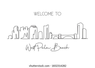 One Single Line Drawing West Palm Beach City Skyline Florida. World Historical Town Landscape. Best Holiday Destination Postcard. Editable Stroke Trendy Continuous Line Draw Design Vector Illustration