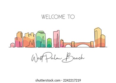 One single line drawing West Palm Beach city skyline Florida. World historical town landscape. Best holiday destination postcard. Editable stroke trendy continuous line draw design vector illustration