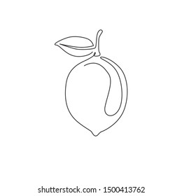 One single line drawing of whole healthy organic lemon for orchard logo identity. Fresh lemonade fruitage concept for fruit garden icon. Modern continuous line draw design graphic vector illustration