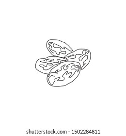 One single line drawing of whole heap healthy organic fruit dates for orchard logo identity. Fresh palm fruitage concept for fruit garden icon. Modern continuous line draw design vector illustration