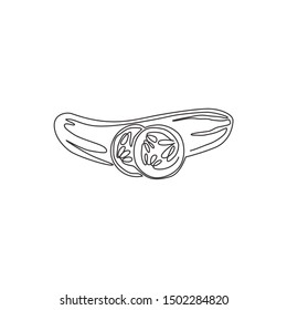One single line drawing whole and sliced healthy organic cucumber for orchard logo identity. Fresh vegetable concept for vegan garden icon. Continuous line draw design graphic vector illustration