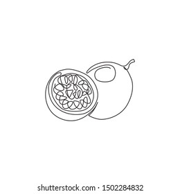One single line drawing of whole healthy organic passion fruit for orchard logo identity. Fresh tropical fruitage concept for fruit garden icon. Modern continuous line draw design vector illustration