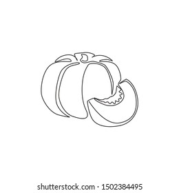 One single line drawing of whole round healthy organic pumpkin for orchard logo identity. Fresh seasonal fruitage concept for fruit garden icon. Modern continuous line draw design vector illustration