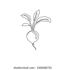 One single line drawing of whole healthy organic red radish for farm logo identity. Fresh crop concept for edible root vegetable icon. Modern continuous line draw design vector graphic illustration