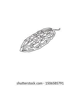 One single line drawing of whole healthy organic bitter gourd for farm logo identity. Fresh bitter melon concept for vegetable icon. Modern continuous line draw design vector graphic illustration