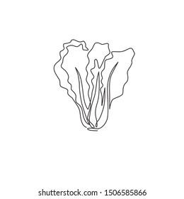 Dibujo de una sola línea de hojas verdes de mostaza orgánica enteras para la identidad del logo de la granja. Nuevo concepto de brassica juncea para ícono de verduras. Ilustración vectorial de diseño de dibujo continuo moderno