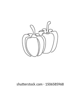 One single line drawing of whole healthy organic bell pepper for farm logo identity. Fresh paprika concept for vegetable icon. Modern continuous line draw design graphic vector illustration