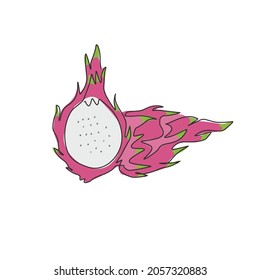 One single line drawing of whole healthy organic dragon fruit for orchard logo identity. Fresh dragonfruit concept for fruit garden icon. Modern continuous line draw design graphic vector illustration