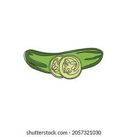 One single line drawing whole and sliced healthy organic cucumber for orchard logo identity. Fresh vegetable concept for vegan garden icon. Continuous line draw design graphic vector illustration