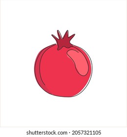 Una sola línea dibujando granada orgánica entera para la identidad del logotipo de huerto. Concepto de semillas de frutas frescas para ícono de jardín de frutas. Ilustración gráfica vectorial de diseño de líneas continuas modernas
