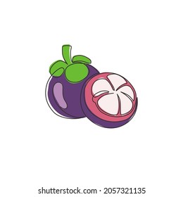 Eine einzige Linie Zeichnung ganze und halb geschnitten gesunde organische Mangostane für die Logo-Identität der Obstgarten. Frische Konzeption für Obstgarten Ikone. Modern-Stetig-Liniendesign, Vektorgrafik