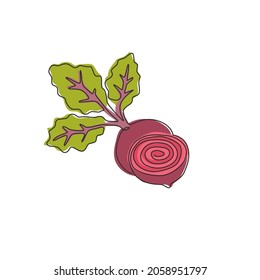 One single line drawing whole and half sliced healthy organic beetroot for farm logo identity. Fresh table beet concept vegetable icon. Modern continuous line draw design graphic vector illustration