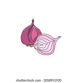 One single line drawing whole and sliced healthy organic bulb onion for farm logo identity. Fresh common onion concept vegetable icon. Modern continuous line draw design vector graphic illustration