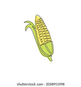 One Single Line Drawing Of Whole Healthy Organic Corn Crop For Farm Logo Identity. Fresh Maize Concept For Starchy Vegetable Icon. Modern Continuous Line Draw Design Graphic Vector Illustration