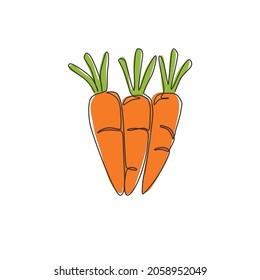 One single line drawing whole healthy organic carrots pile for farm logo identity. Fresh biennial plant concept for root vegetable icon. Modern continuous line draw design graphic vector illustration