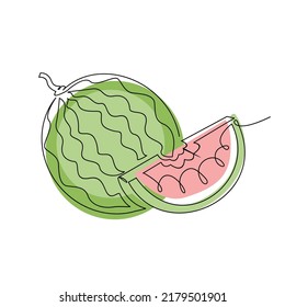 One single line drawing whole and sliced healthy organic fresh water melon colorful logo Modern continuous line draw design vector graphic illustration