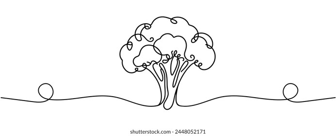 One single line drawing whole healthy organic green broccoli for farm logo identity. Modern continuous line draw design vector graphic illustration