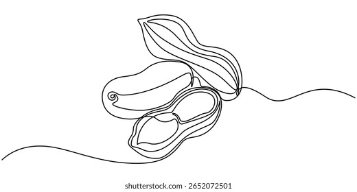 Um único desenho de linha de amendoim orgânico saudável inteiro para identidade do logotipo da fazenda, Amendoim Abstrato de Feijão de Noz, contínua única linha arte mão desenho esboço logotipo, desenho de linha contínua