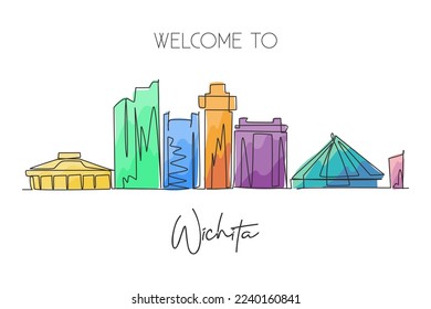 One single line drawing of Wichita city skyline, Kansas, USA. Town landscape for home wall decor poster. Best holiday destination. Trendy continuous line draw graphic design vector illustration