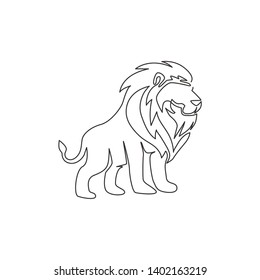 One single line drawing of wild lion for company business logo identity. Strong wildcat mammal animal mascot concept for national conservation park. Continuous line draw design vector illustration