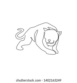 One single line drawing of wild leopard for company business logo identity. Strong jaguar mammal animal mascot concept for national conservation park. Continuous line vector draw design illustration