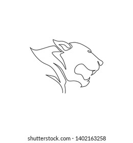 One single line drawing of wild leopard head for company business logo identity. Strong jaguar mammal animal mascot concept for national conservation park. Continuous line draw design illustration