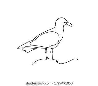 One Single Line Drawing Of Wild Seagull. Cute Bird Mascot Concept For Conservation National Park Symbol. Continuous Line Draw Design Graphic Illustration Vector. One Line Seagull Sitting On A Rock.